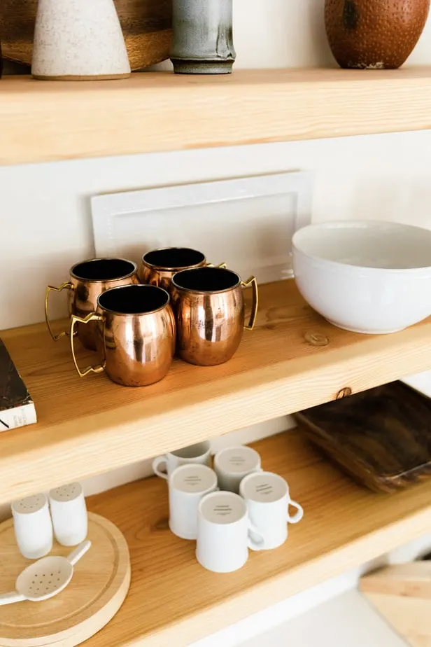 shelves with glasses and bowls
