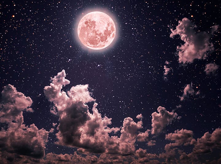 pink moon, clouds, and stars