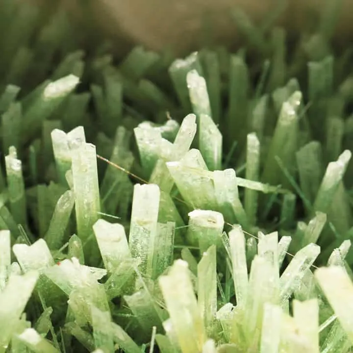close up of green selenite crystals
