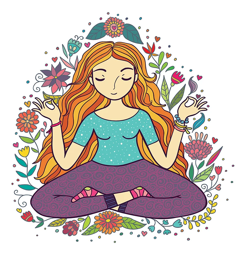 illustration of girl meditating with flowers