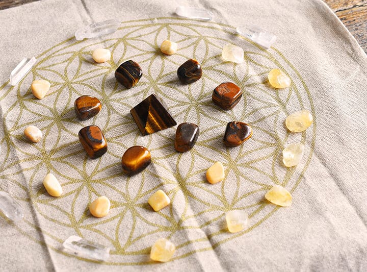 crystal grid with tiger's eye, citrine, and clear quartz crystals