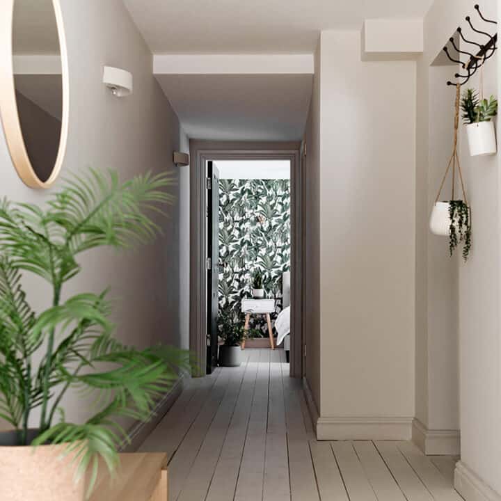 hallway with plants and mirror