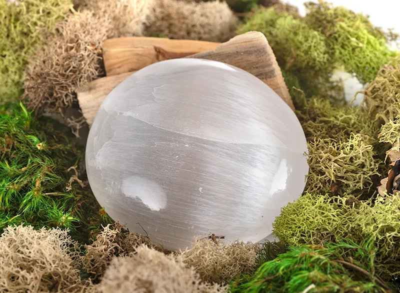selenite palm stone sitting in moss