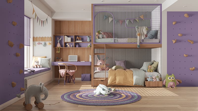 kid's bedroom with built-in bunk beds and a study area