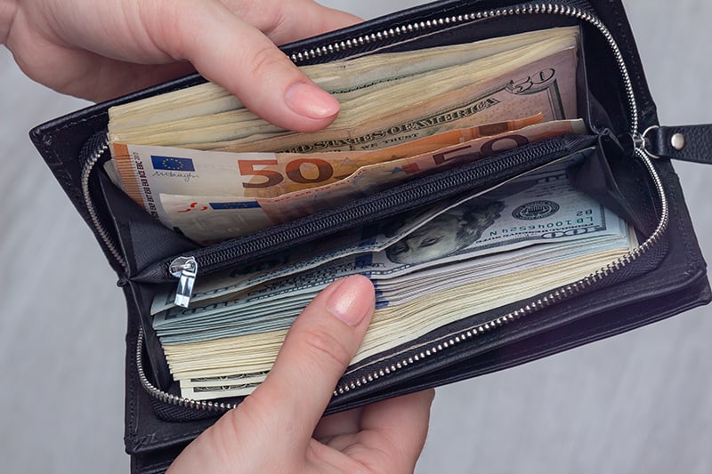 woman holding open wallet full of money