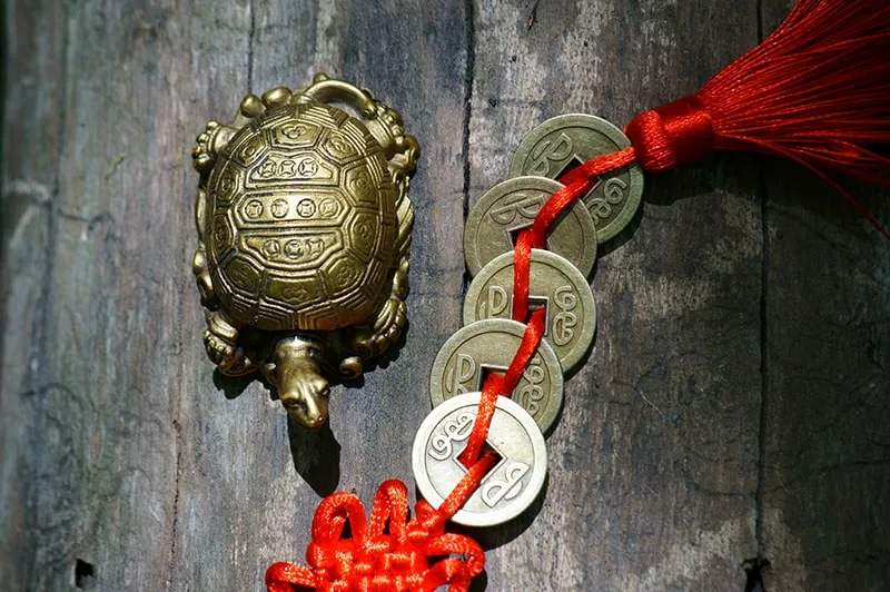 feng shui turtle next to a string of feng shui coins