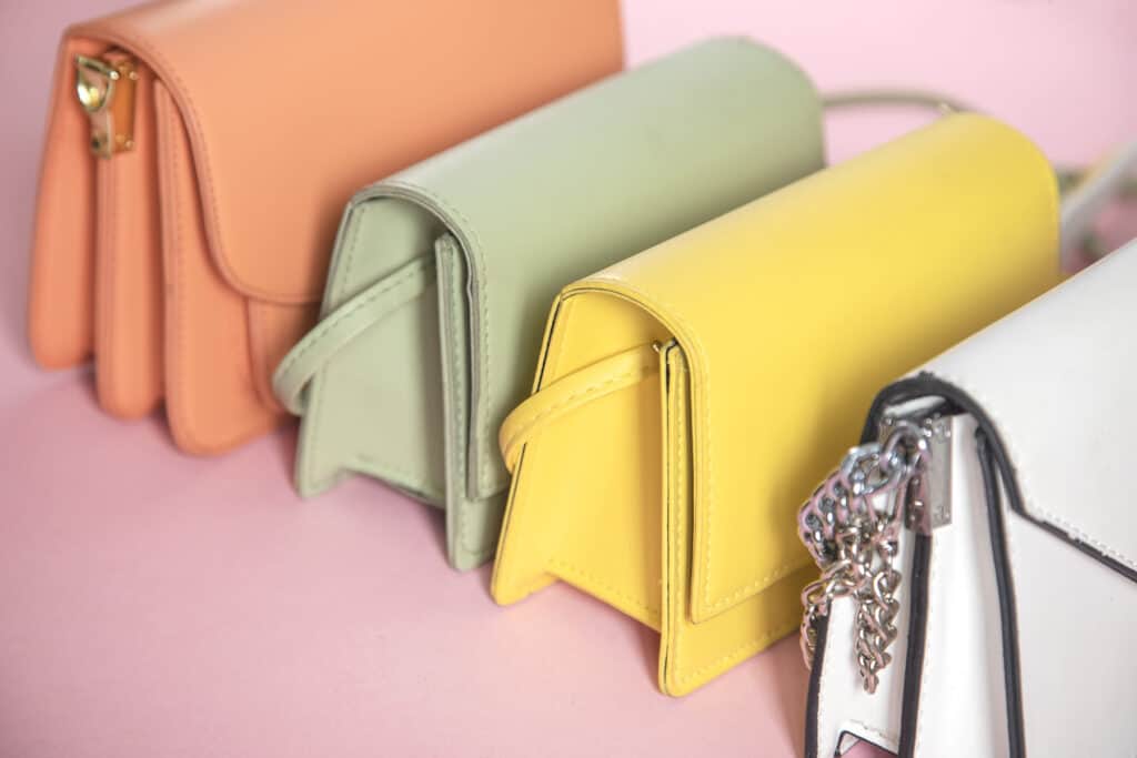 row of colorful purses