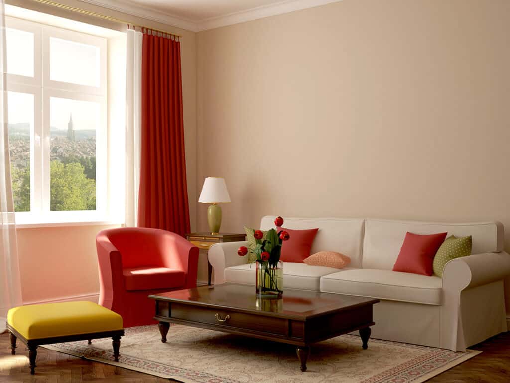 living room with red decor